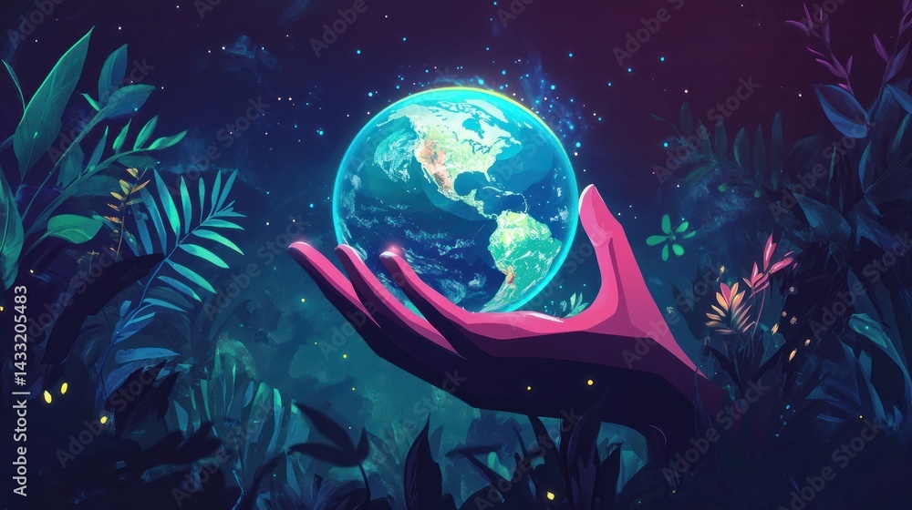 Fototapeta premium A Hand Holding Our Precious Planet Earth, Surrounded by Lush Tropical Foliage Under a Starry Night Sky