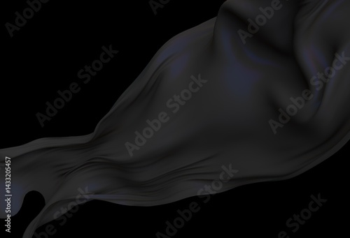 Smooth black satin fabric in flight on dark background. 3D illustration of dark cloth with smooth pleats.