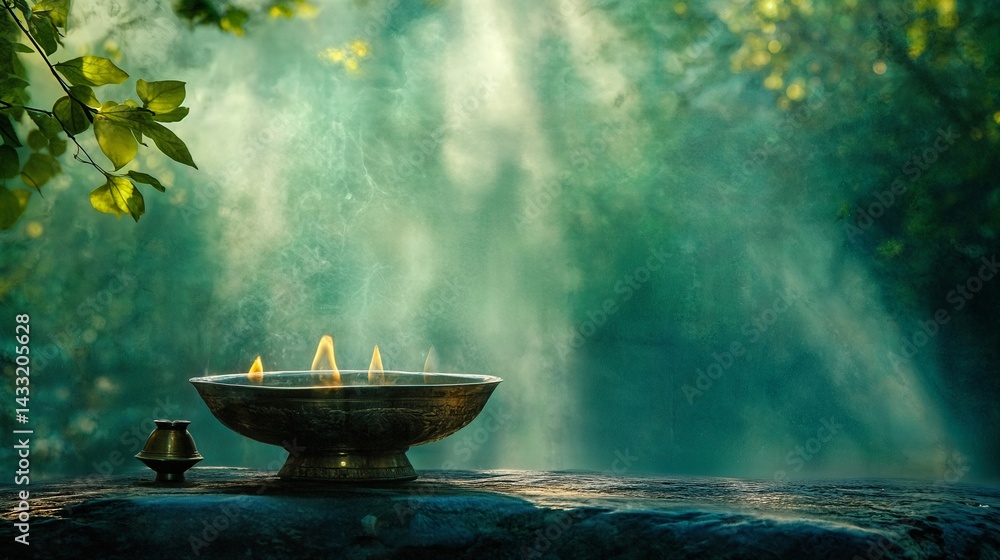 Antique oil lamp with burning flames, surrounded by lush greenery and illuminated by ethereal sunlight. Perfect for themes of national festivals, meditation, spirituality, or nature retreats. Antique oil lamp with burning flames, surrounded by lush greenery and illuminated by ethereal sunlight. Perfect for themes of national festivals, meditation, spirituality, or nature retreats.