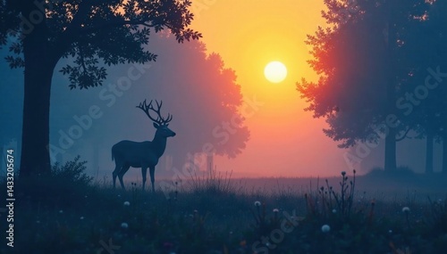 Silhouette of a deer in a misty forest with blue trees against a warm sunlit sky, wildlife photography, natural world, forest landscape