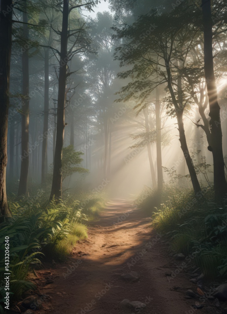 Obraz premium Sunbeams pierce misty forest, illuminating path, vibrant, mist