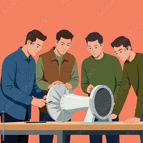 Group of engineers examining turbine prototype in workshop with orange background vector illustration 