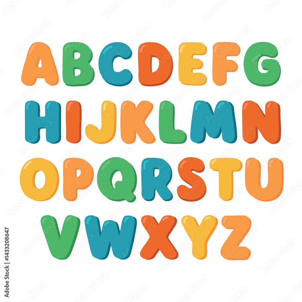 Bright cartoon alphabet with bold uppercase letters in fun colors. Flat vector clipart for kids and learning themes. Bright cartoon alphabet with bold uppercase letters in fun colors. Flat vector clipart for kids and learning themes.