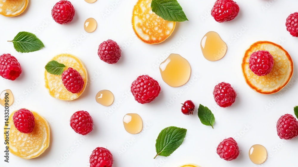 Mini pancakes drizzled with honey and adorned with raspberries and bilberries, set against a white backdrop.
Mini pancakes drizzled with honey and adorned with raspberries and bilberries, set against a white backdrop.