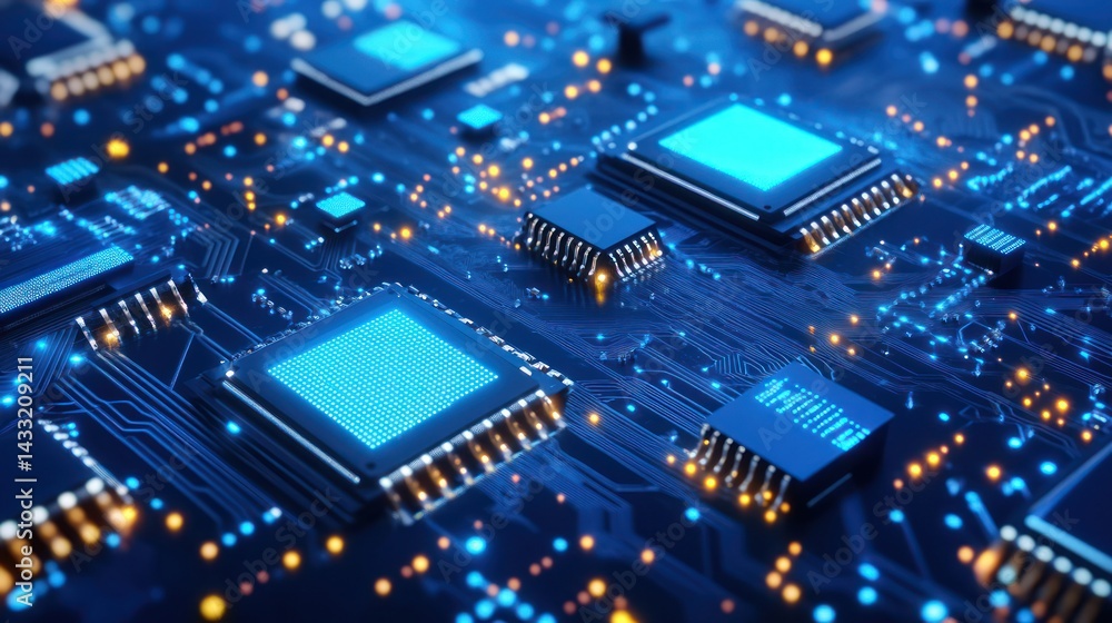 Futuristic circuit board close-up Tech innovation with glowing paths and processors Futuristic circuit board close-up Tech innovation with glowing paths and processors