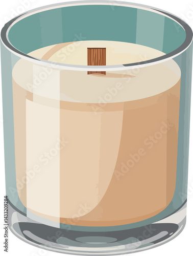 Scented candle in transparent glass container with wooden wick vector illustration 
