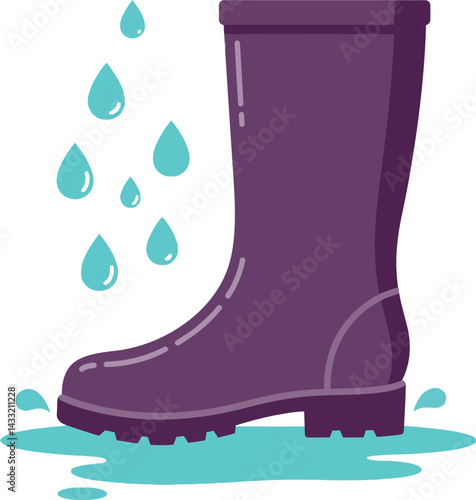 Purple Rain Boot with Water Drops and Puddle Vector Illustration for Wet Weather Use 