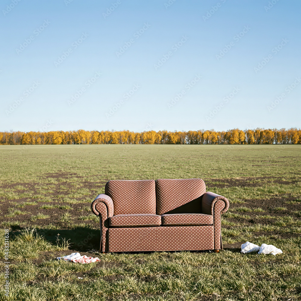 Fototapeta premium brown patterned couch in a grassy field under a clear sky