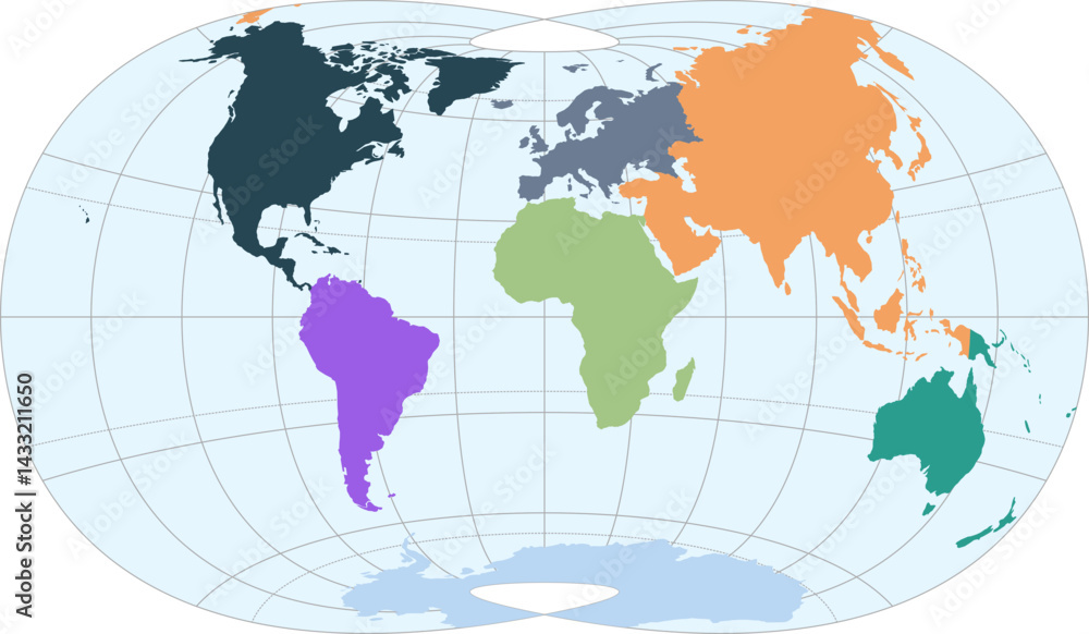 Fototapeta premium World vector map with continent boundaries and graticules (Lask projection, PPT-compatible, pre-colored & fully editable)