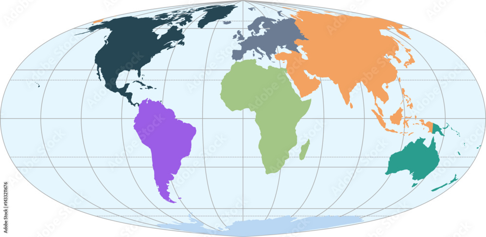 World vector map with continent boundaries and graticules (Kav5 projection, PPT-compatible, pre-colored & fully editable) World vector map with continent boundaries and graticules (Kav5 projection, PPT-compatible, pre-colored & fully editable)