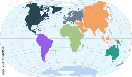 World vector map with continent boundaries and graticules (Lask projection, PPT-compatible, pre-colored & fully editable)