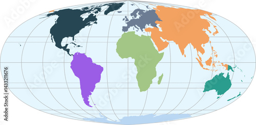 World vector map with continent boundaries and graticules (Kav5 projection, PPT-compatible, pre-colored & fully editable)