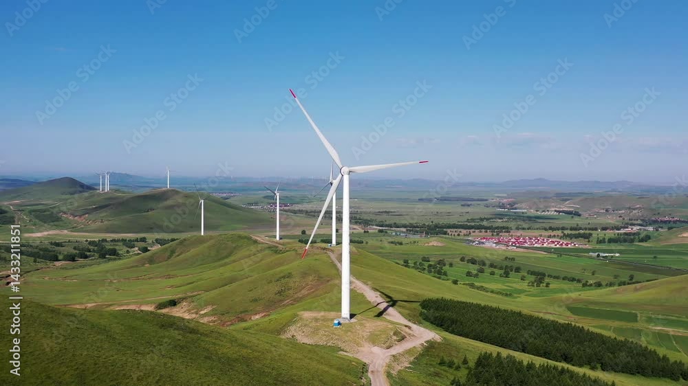 Summer views of wind turbines on Beijing North Road in Fengning, Hebei Province enhancing the beautiful landscape Summer views of wind turbines on Beijing North Road in Fengning, Hebei Province enhancing the beautiful landscape