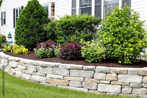 curved stone retaining wall with lush green shrubs and vibrant flowers