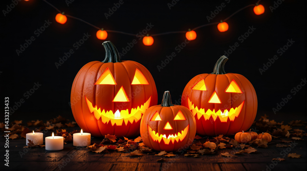 Fototapeta premium three glowing jack-o'-lanterns create a festive halloween scene