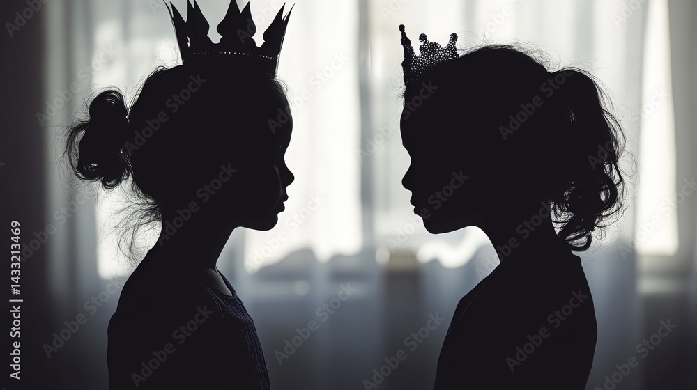 Selfish child, crown askew, faces parental disapproval. Their disappointment highlights the girl's spoiled behavior and egotism, illustrating societal issues
