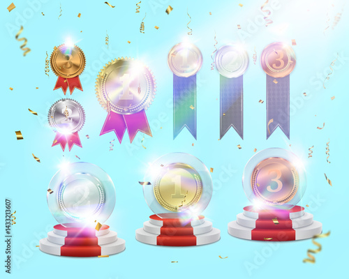 Realistic medal encased in glass with podiums, ribbons, and confetti for victory, competition, and championship design.	