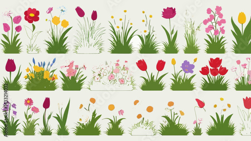 Flower and grass flat icon set isolated on white. Various garden flowers including rose, tulip, orchid, Espatifilo, bells flowers, Bellis perennis, bulb flowers ai generate