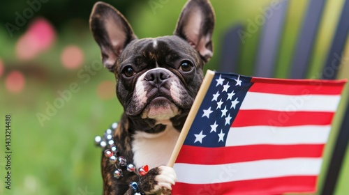 Wallpaper Mural Boston Terrier proudly holds American flag, wearing beaded necklace, showing patriotic support and holiday spirit. Torontodigital.ca