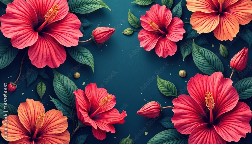 Obraz premium Intricate hibiscus blooms, vibrant colors, repeating pattern , blossom, details, vector