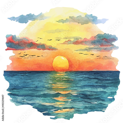 Rare Green Flash At Sunset Over The Ocean, vector watercolor illustration, isolated on a white background.