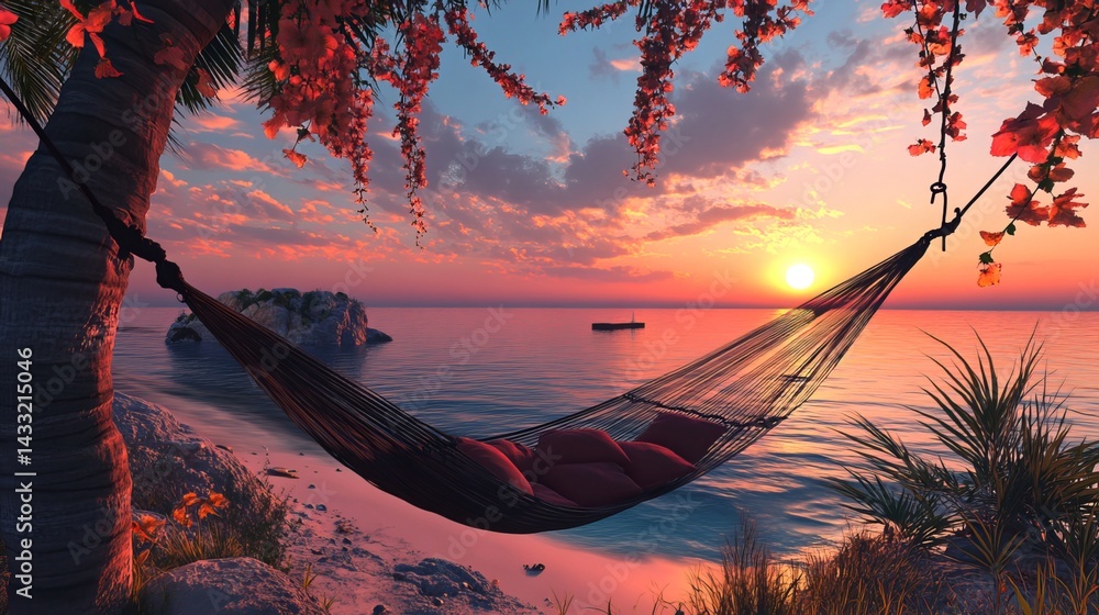 Serene hammock scene at a gorgeous sunset beach.