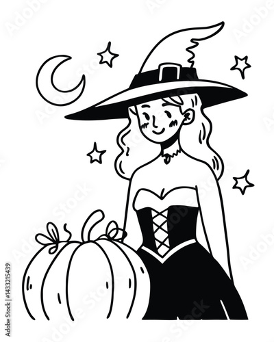 charming witch with long wavy hair, wearing a traditional pointed hat and smiling confidently sketch engraving generative ai PNG illustration. Scratch board imitation. Black and white image