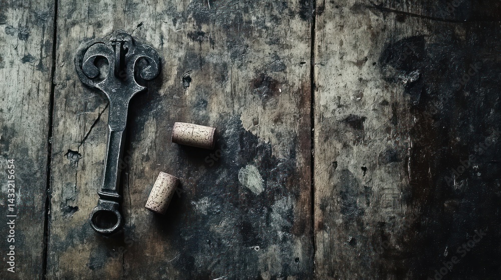 Antique corkscrew on weathered wood table Antique corkscrew on weathered wood table