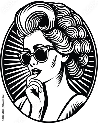 fashionable woman with voluminous hair wearing stylish sunglasses, exuding confidence and glamour sketch engraving generative ai PNG illustration. Scratch board imitation. Black and white image.