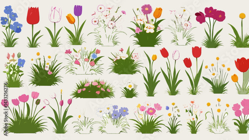 Flower and grass flat icon set isolated on white. Various garden flowers including rose, tulip, orchid, Espatifilo, bells flowers, Bellis perennis, bulb flowers ai generate