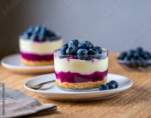 Blueberry Cheesecake Cup with Creamy Layers, Vaso de Cheesecake de Arándanos con Capas Cremosas, Generated Image