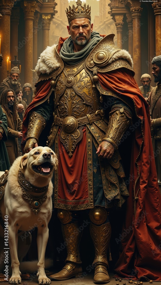 Caucasian male king in armor with loyal dog in medieval setting surrounded by courtiers Caucasian male king in armor with loyal dog in medieval setting surrounded by courtiers