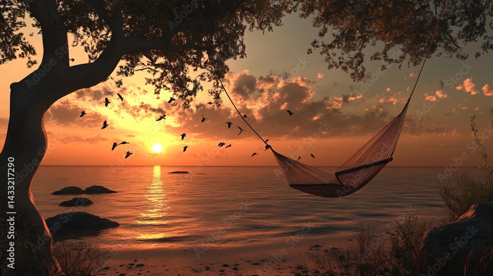 Serene hammock scene at a gorgeous sunset beach.