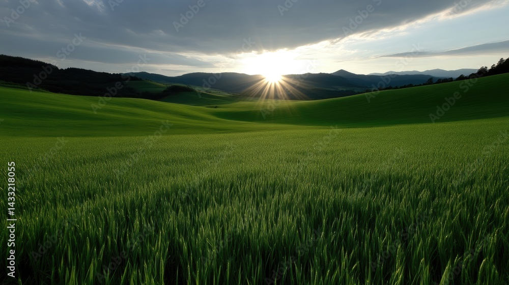 Fototapeta premium Vast green field at sunset, rolling hills