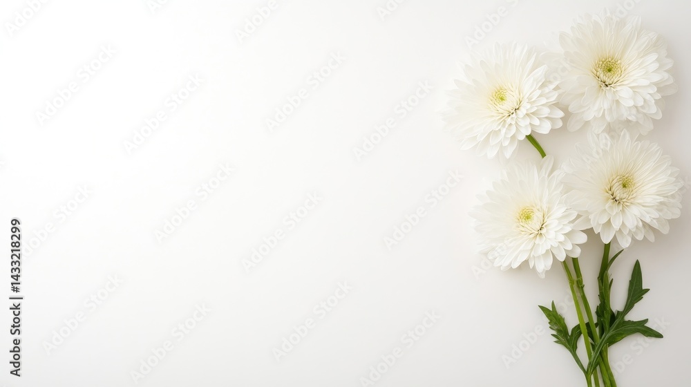 Fototapeta premium Four white chrysanthemum flowers with green stems and leaves on a clean white background, viewed from above.