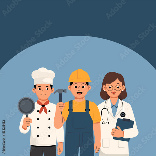 Labour Day illustration with chef, doctor, builder. Colorful flat design characters of a chef, doctor, and construction worker celebrating Labour Day, symbolizing diverse essential professions.