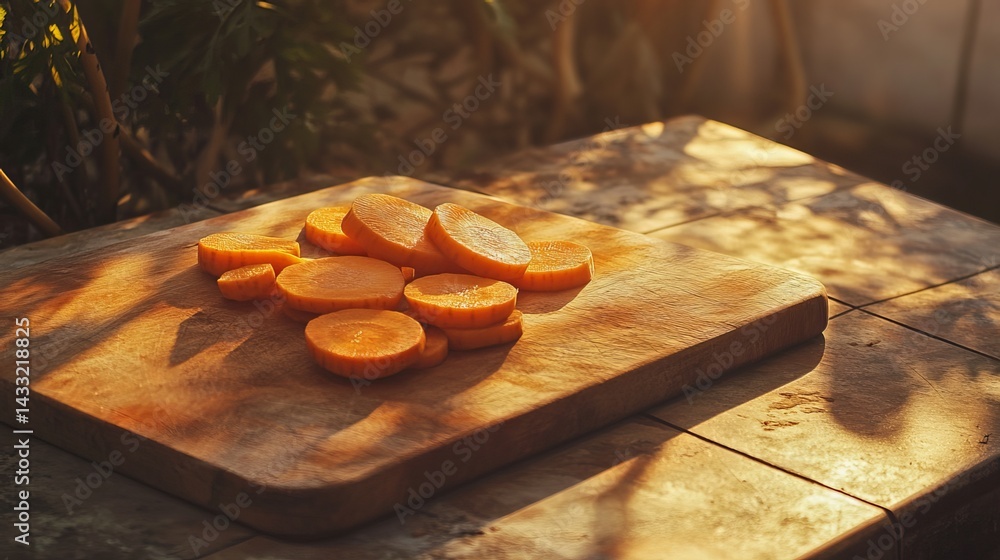 Sliced carrots sit on a cutting board, alongside more carrot slices, all bathed in warm sunlight on a garden table.