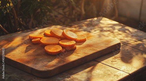 Obraz na płótnie Sliced carrots sit on a cutting board, alongside more carrot slices, all bathed in warm sunlight on a garden table.
w salonie