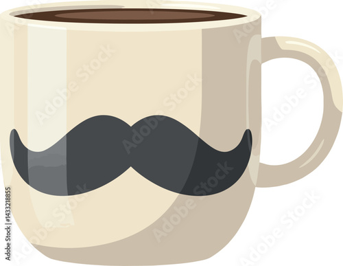 Coffee mug with black mustache illustration in beige color vector design