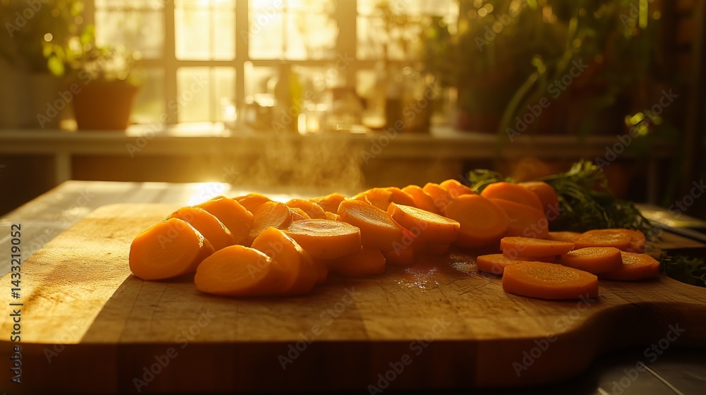 Sliced carrots sit on a cutting board, alongside more carrot slices, all bathed in warm sunlight on a garden table.