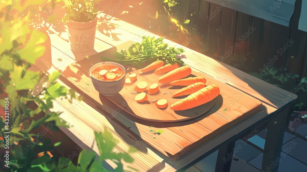 Sliced carrots sit on a cutting board, alongside more carrot slices, all bathed in warm sunlight on a garden table.