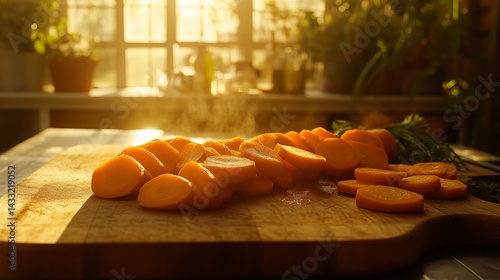 Obraz na płótnie Sliced carrots sit on a cutting board, alongside more carrot slices, all bathed in warm sunlight on a garden table.
w salonie