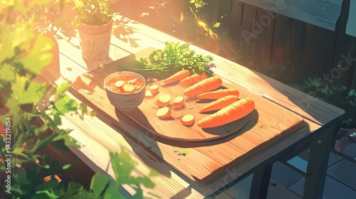 Obraz na płótnie Sliced carrots sit on a cutting board, alongside more carrot slices, all bathed in warm sunlight on a garden table.
w salonie