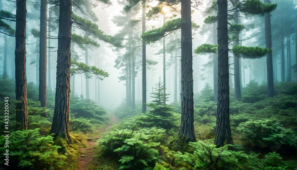 Fototapeta premium Lush evergreen forest with tall pine trees shrouded in a calming morning mist, showcasing nature's tranquility and pristine beauty. Ideal for themes of nature, relaxation, and untouched wilderness.