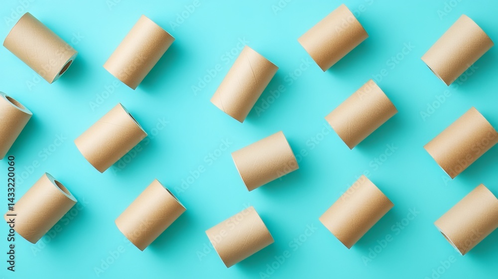 Toilet paper rolls softly arranged against a blue backdrop.