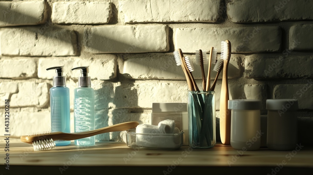 Toothbrushes and toiletries sit on a table near a light brick wall.