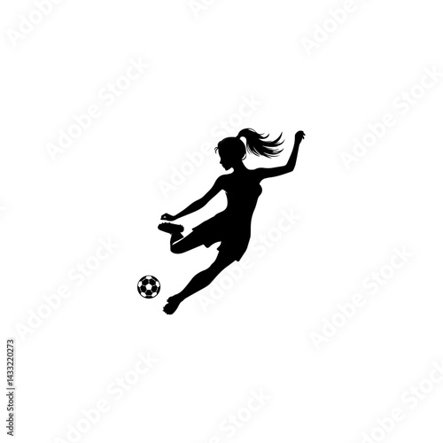 Dynamic Female Soccer Player Silhouette Woman Kicking Football with Force Vector Illustration.
