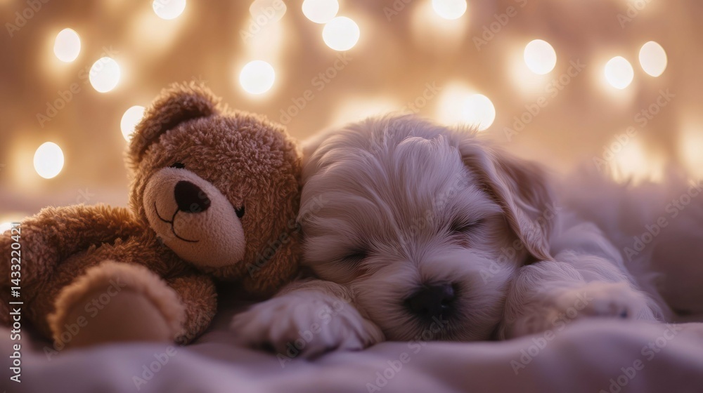 Fototapeta premium Puppy, snuggling teddy bear, peacefully sleeps amid bokeh lights, radiating comfort, serenity, and gentle cuteness.