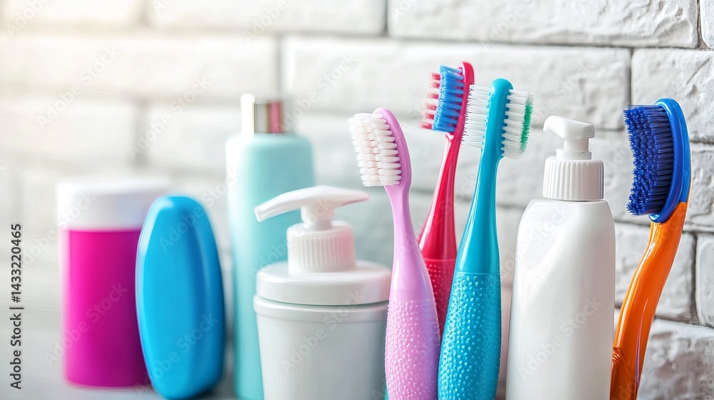 Toothbrushes and toiletries sit on a table near a light brick wall.