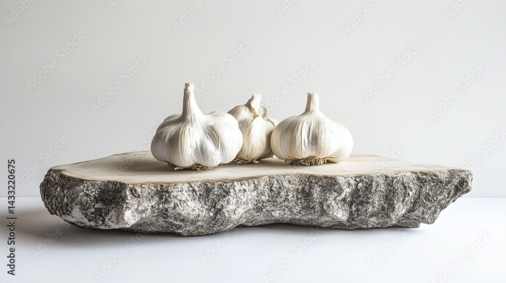 Whole garlic bulbs sit on a wooden cutting board against a white backdrop. Perfect for culinary, kitchen, or healthy eating visuals.